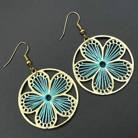 Yellow Gold with Round Blue Threaded Flower Dangling Drop Hook Earrings - Picture 1 of 8